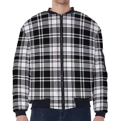 Black And White Plaid Pattern Print Zip Sleeve Bomber Jacket