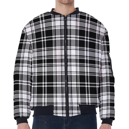 Black And White Plaid Pattern Print Zip Sleeve Bomber Jacket