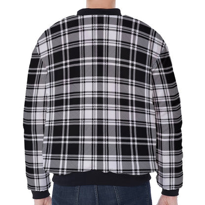 Black And White Plaid Pattern Print Zip Sleeve Bomber Jacket