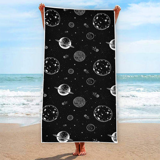 Black And White Planets Pattern Print Beach Towel