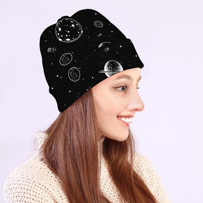Black And White Planets Pattern Print Beanie