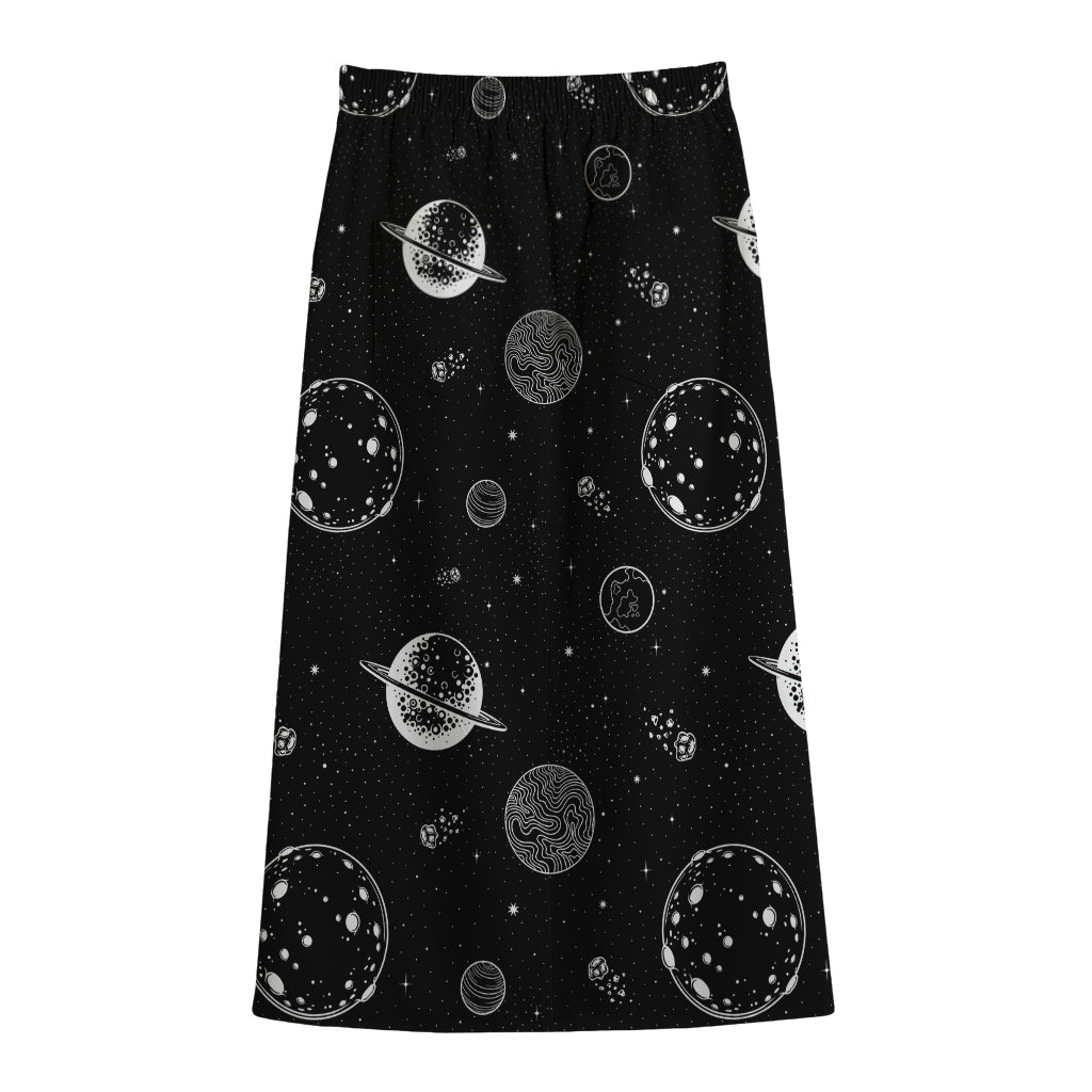 Black And White Planets Pattern Print Cotton Front Slit Maxi Skirt