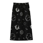 Black And White Planets Pattern Print Cotton Front Slit Maxi Skirt