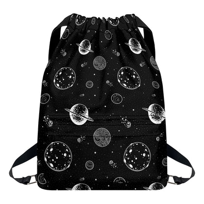 Black And White Planets Pattern Print Drawstring Backpack