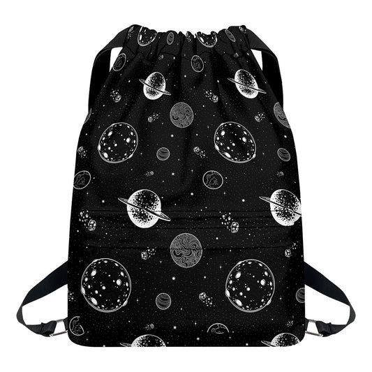 Black And White Planets Pattern Print Drawstring Backpack