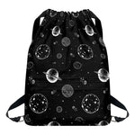 Black And White Planets Pattern Print Drawstring Backpack