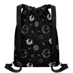 Black And White Planets Pattern Print Drawstring Backpack