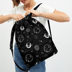 Black And White Planets Pattern Print Drawstring Backpack