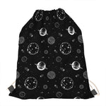 Black And White Planets Pattern Print Drawstring Bag