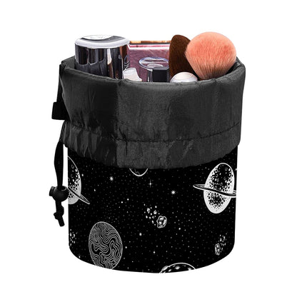 Black And White Planets Pattern Print Drawstring Makeup Bag