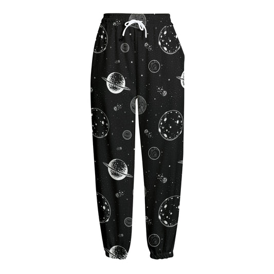 Black And White Planets Pattern Print Fleece Lined Knit Pants