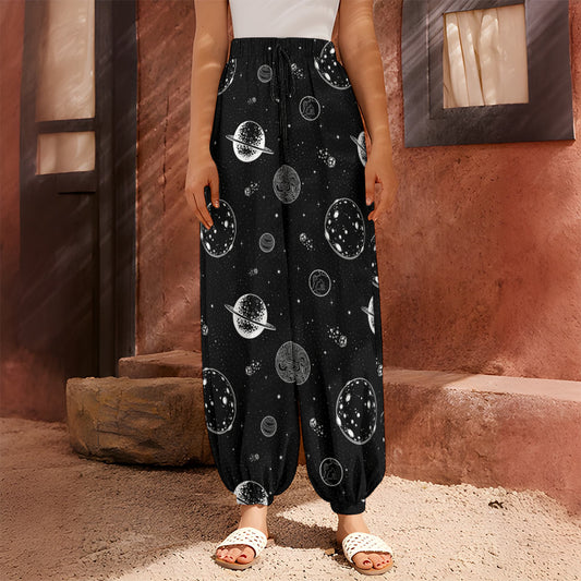 Black And White Planets Pattern Print Harem Pants