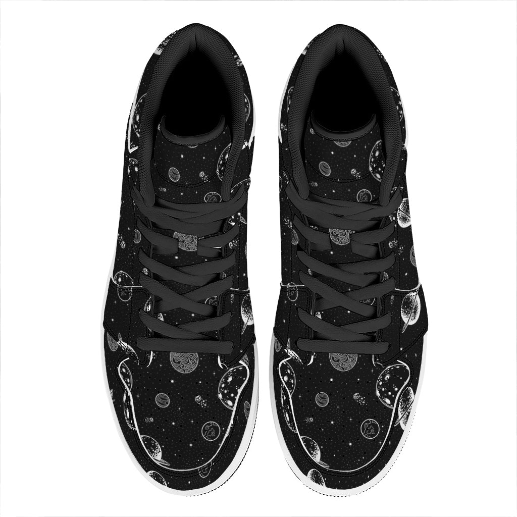 Black And White Planets Pattern Print High Top Leather Sneakers