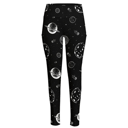 Black And White Planets Pattern Print High-Waisted Pocket Leggings