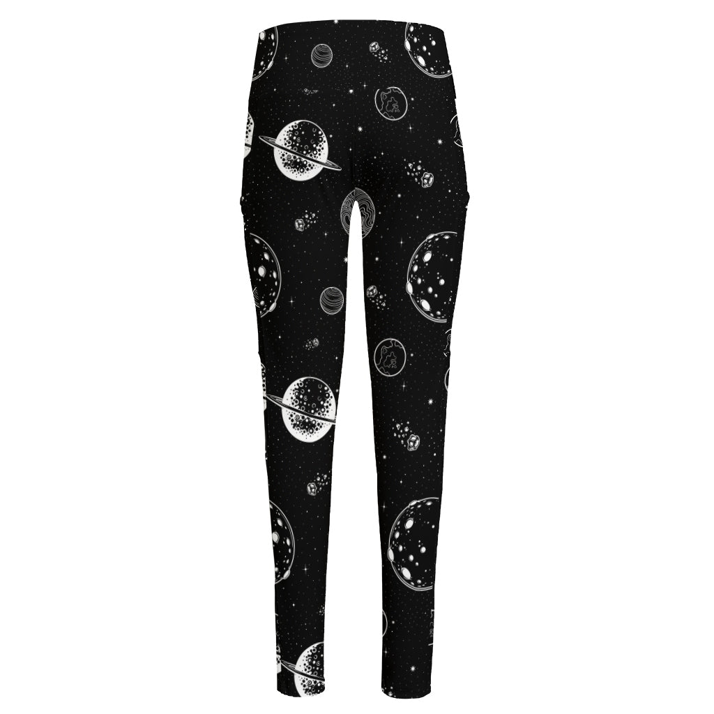 Black And White Planets Pattern Print High-Waisted Pocket Leggings