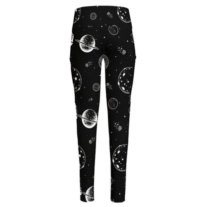 Black And White Planets Pattern Print High-Waisted Pocket Leggings