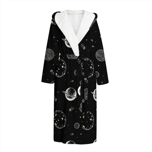 Black And White Planets Pattern Print Hooded Bathrobe