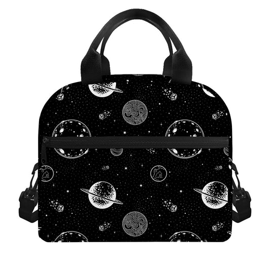 Black And White Planets Pattern Print Insulated Lunch Bag