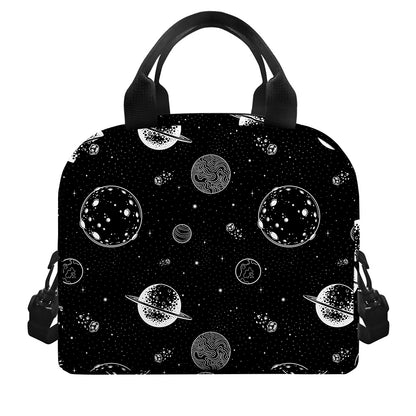 Black And White Planets Pattern Print Insulated Lunch Bag