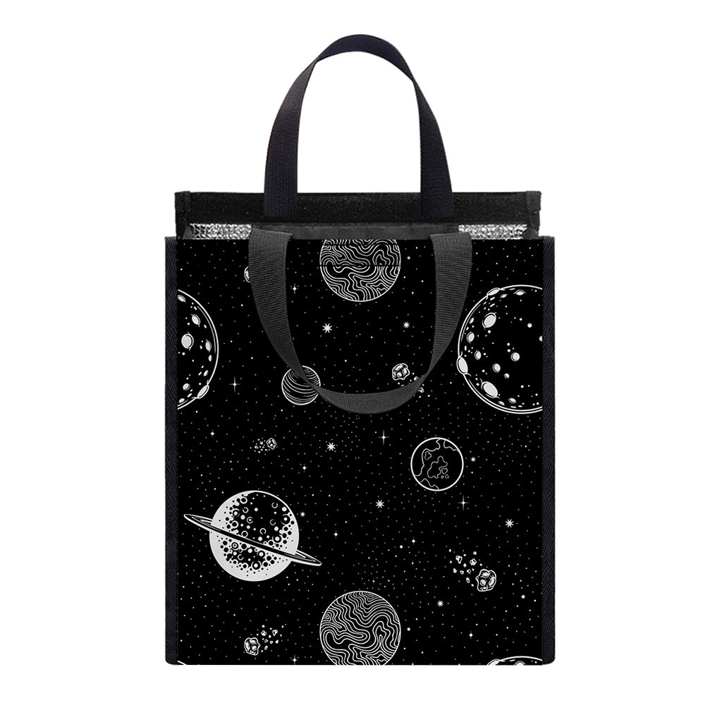 Black And White Planets Pattern Print Insulated Lunch Tote