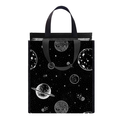 Black And White Planets Pattern Print Insulated Lunch Tote