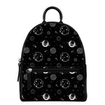 Black And White Planets Pattern Print Leather Backpack