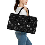 Black And White Planets Pattern Print Leather Duffle Bag