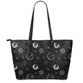 Black And White Planets Pattern Print Leather Tote Bag With Zipper