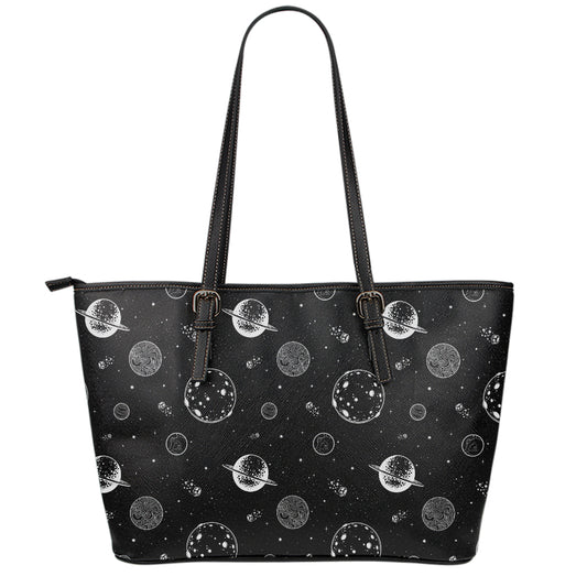 Black And White Planets Pattern Print Leather Tote Bag
