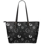 Black And White Planets Pattern Print Leather Tote Bag