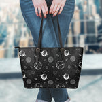 Black And White Planets Pattern Print Leather Tote Bag