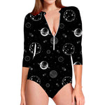 Black And White Planets Pattern Print Long Sleeve Swimsuit
