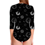 Black And White Planets Pattern Print Long Sleeve Swimsuit