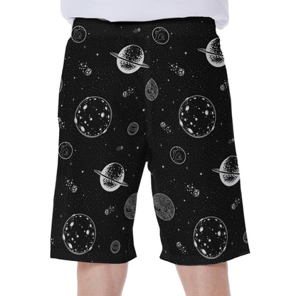 Black And White Planets Pattern Print Men's Beach Shorts