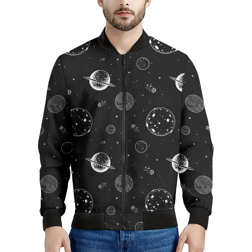 Black And White Planets Pattern Print Men's Bomber Jacket