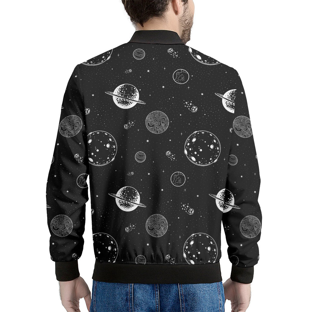 Black And White Planets Pattern Print Men's Bomber Jacket
