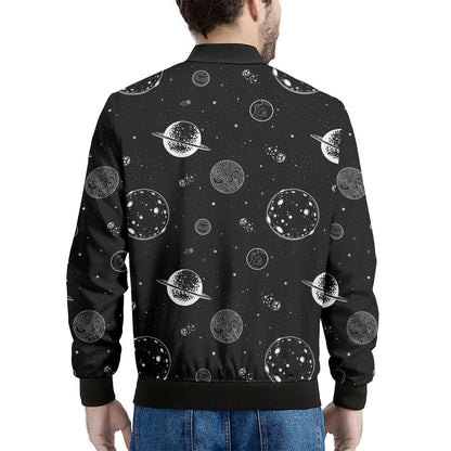 Black And White Planets Pattern Print Men's Bomber Jacket