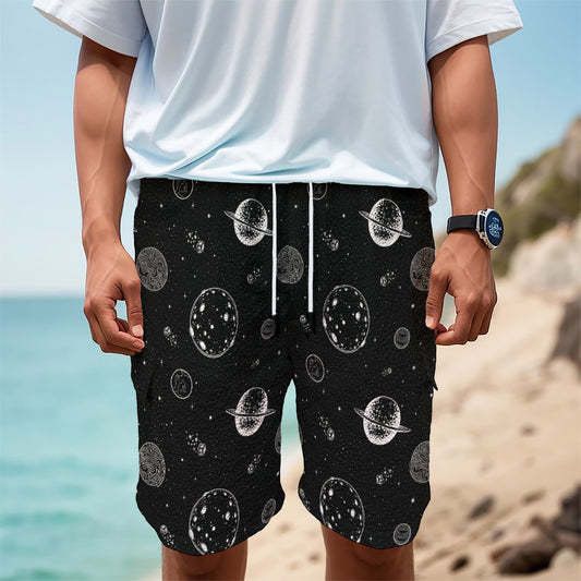 Black And White Planets Pattern Print Men's Cargo Shorts