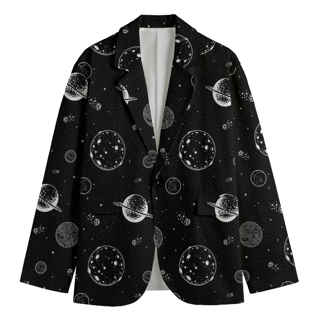 Black And White Planets Pattern Print Men's Cotton Blazer