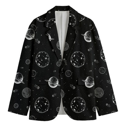 Black And White Planets Pattern Print Men's Cotton Blazer