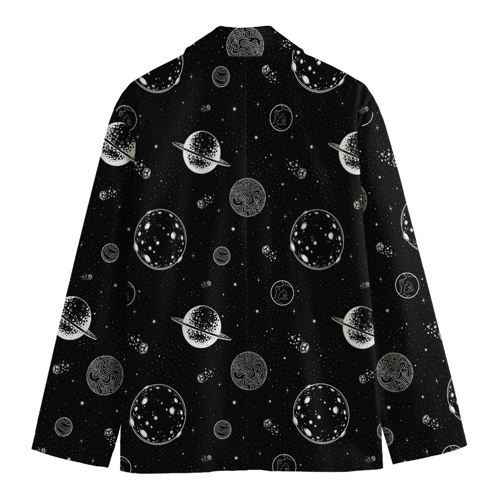 Black And White Planets Pattern Print Men's Cotton Blazer