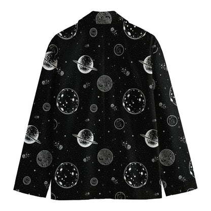 Black And White Planets Pattern Print Men's Cotton Blazer