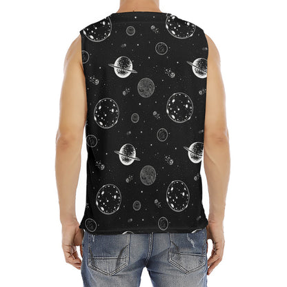 Black And White Planets Pattern Print Men's Fitness Tank Top