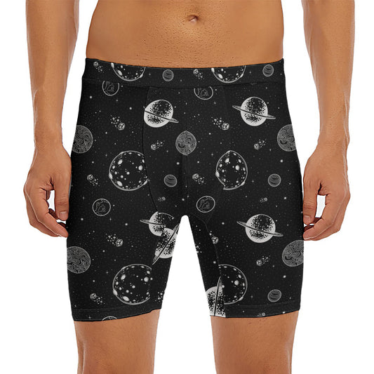 Black And White Planets Pattern Print Men's Long Boxer Briefs