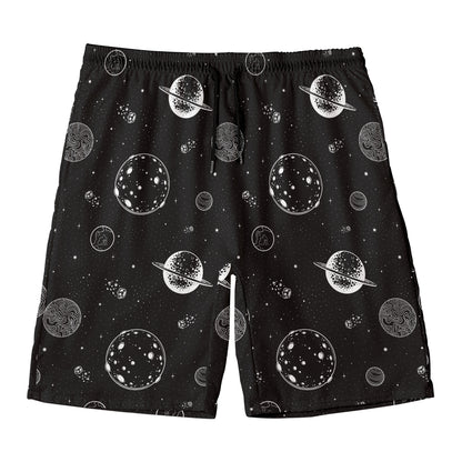 Black And White Planets Pattern Print Men's Swim Trunks