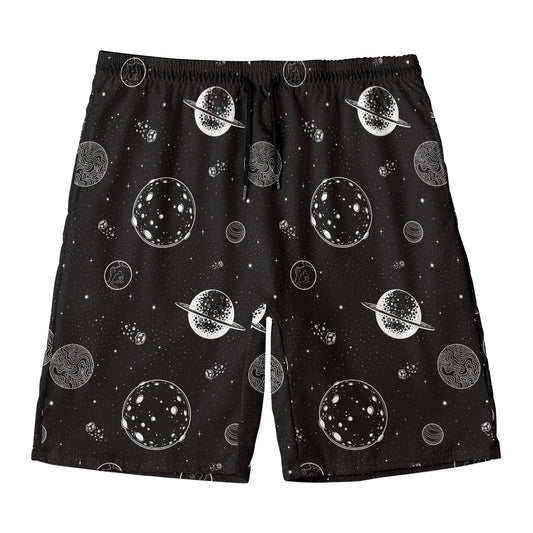Black And White Planets Pattern Print Men's Swim Trunks