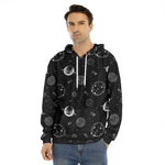 Black And White Planets Pattern Print Men's Velvet Pullover Hoodie