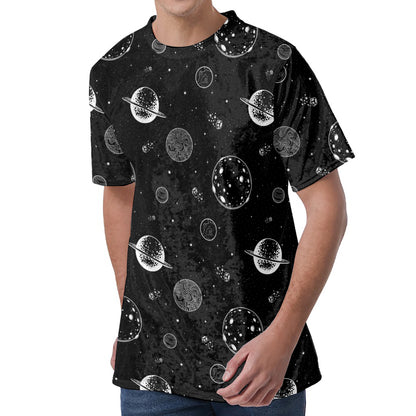 Black And White Planets Pattern Print Men's Velvet T-Shirt