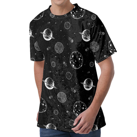 Black And White Planets Pattern Print Men's Velvet T-Shirt