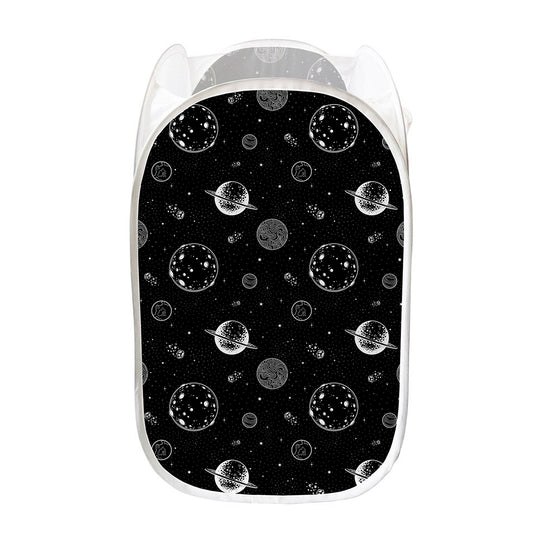 Black And White Planets Pattern Print Mesh Laundry Hamper